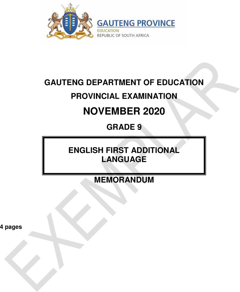 English First Additional Language Grade 9 DBE CAPS November 2020 Paper 2 - Memo