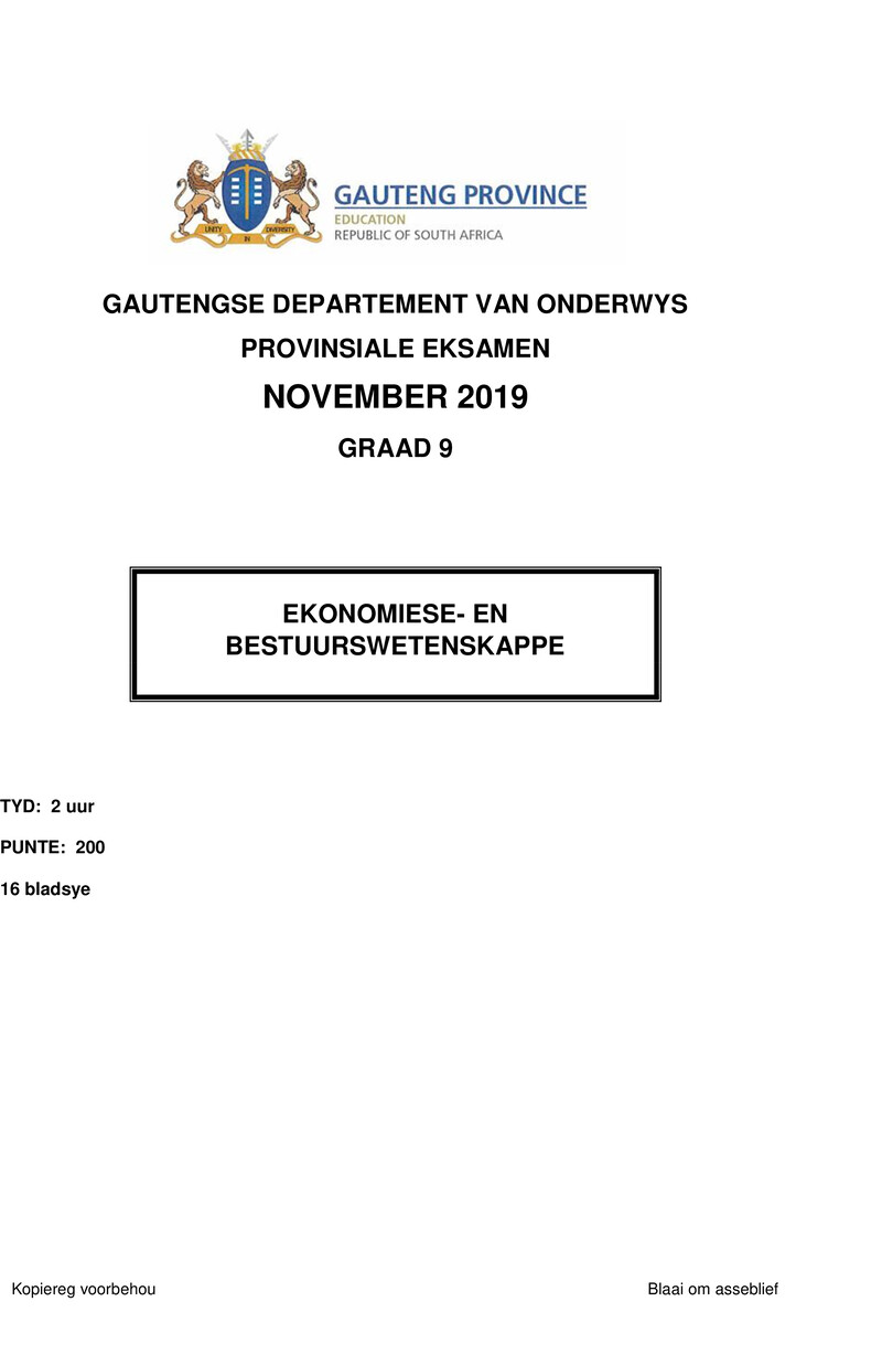 Ekonomiese- en Bestuurswetenskappe Grade 9 DBE CAPS November 2019 Paper 1 - Question Paper