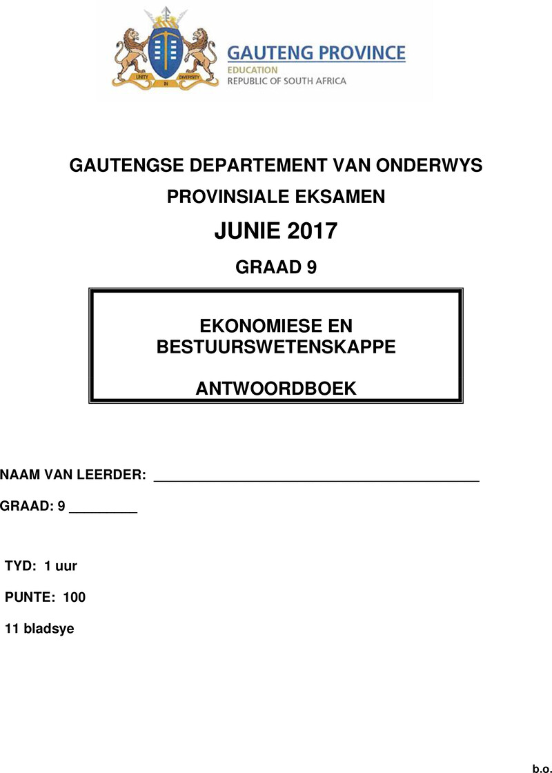 Ekonomiese en Bestuurswetenskappe Grade 9 DBE CAPS June 2017 - Memo