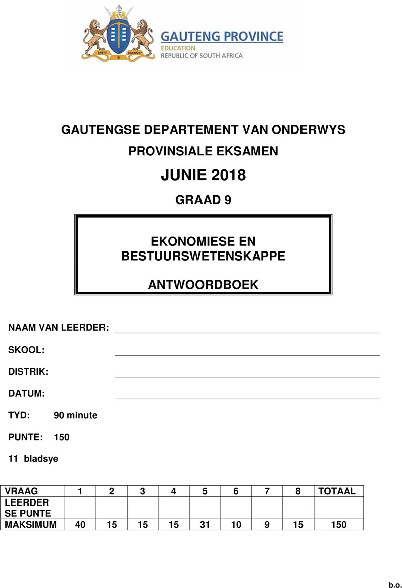 Ekonomie en Bestuurswetenskappe Grade 9 DBE CAPS June 2018 - Memo