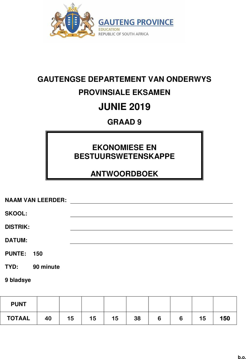 Economics and Management Sciences Grade 9 DBE CAPS June 2019 - Memo