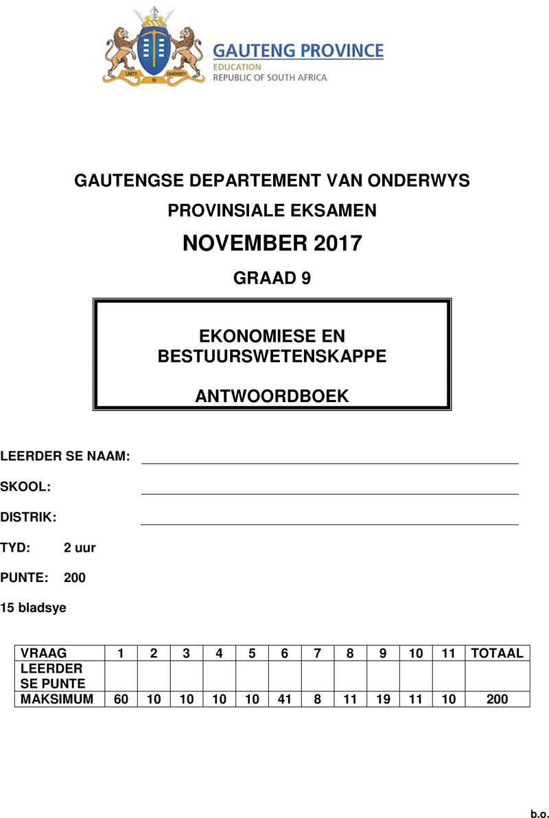 Ekonomie en Bestuurswetenskappe Grade 9 DBE CAPS November 2017 - Memo