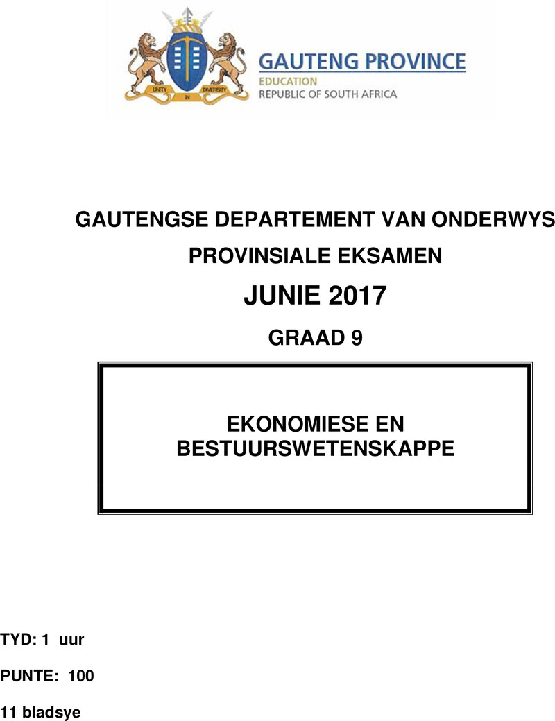 Ekonomie en Bestuurswetenskappe Grade 9 DBE CAPS June 2017 Paper 2 - Question Paper