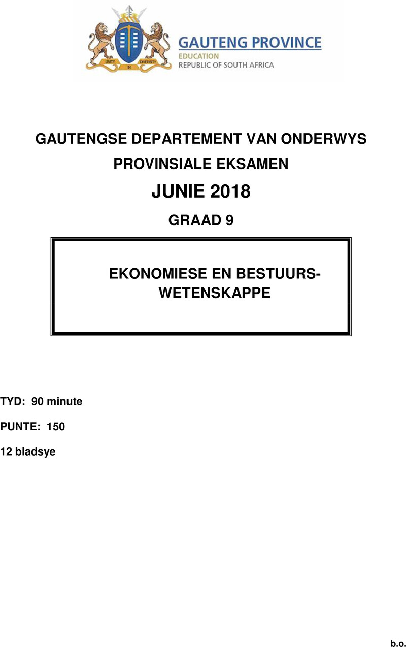 Ekonomie en Bestuurswetenskappe Grade 9 DBE CAPS June 2018 Paper 2 - Question Paper