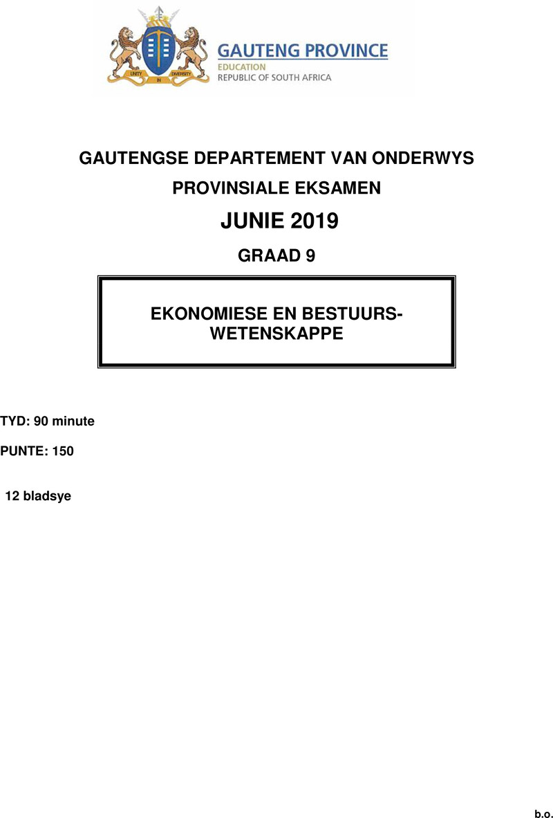 Ekonomie en Bestuurswetenskappe Grade 9 DBE CAPS June 2019 Paper 1 - Question Paper