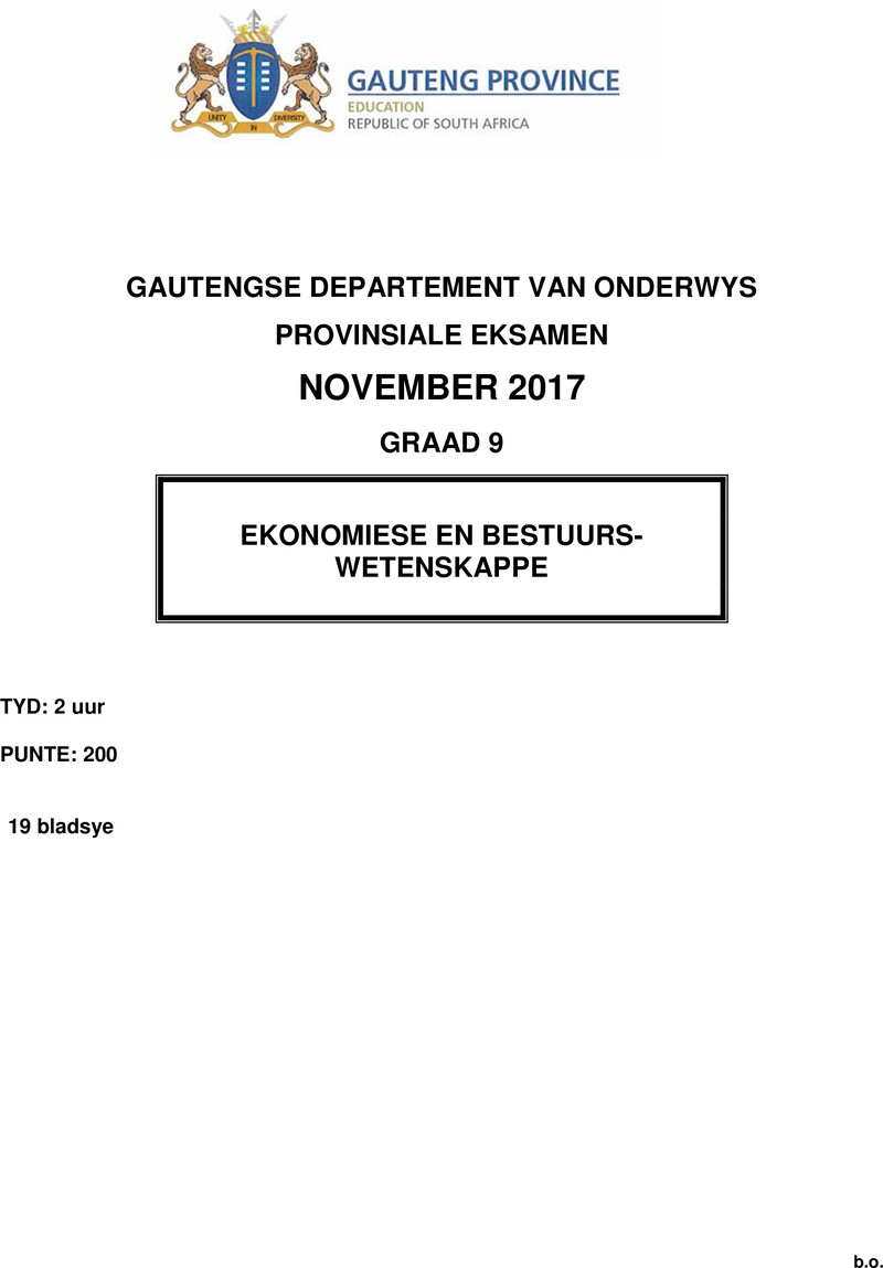 Ekonomiese en Bestuurswetenskappe Grade 9 DBE CAPS November 2017 Paper 1 - Question Paper
