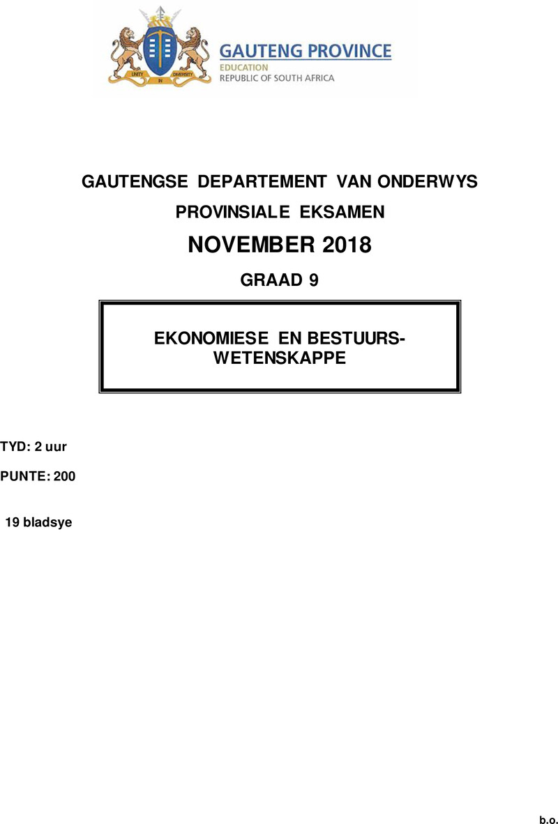 Ekonomiese en Bestuurswetenskappe Grade 9 DBE CAPS November 2018 Paper 1 - Question Paper