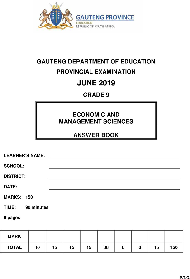 Economic and Management Sciences Grade 9 DBE CAPS June 2019 - Memo
