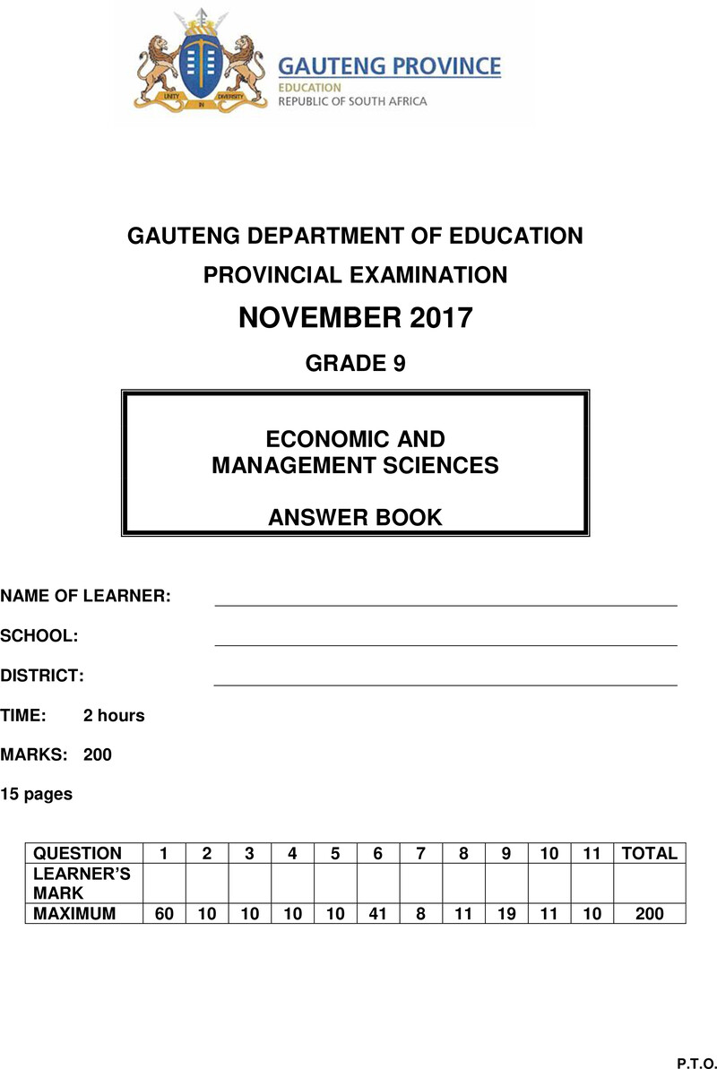Economic and Management Sciences Grade 9 DBE CAPS November 2017 - Memo