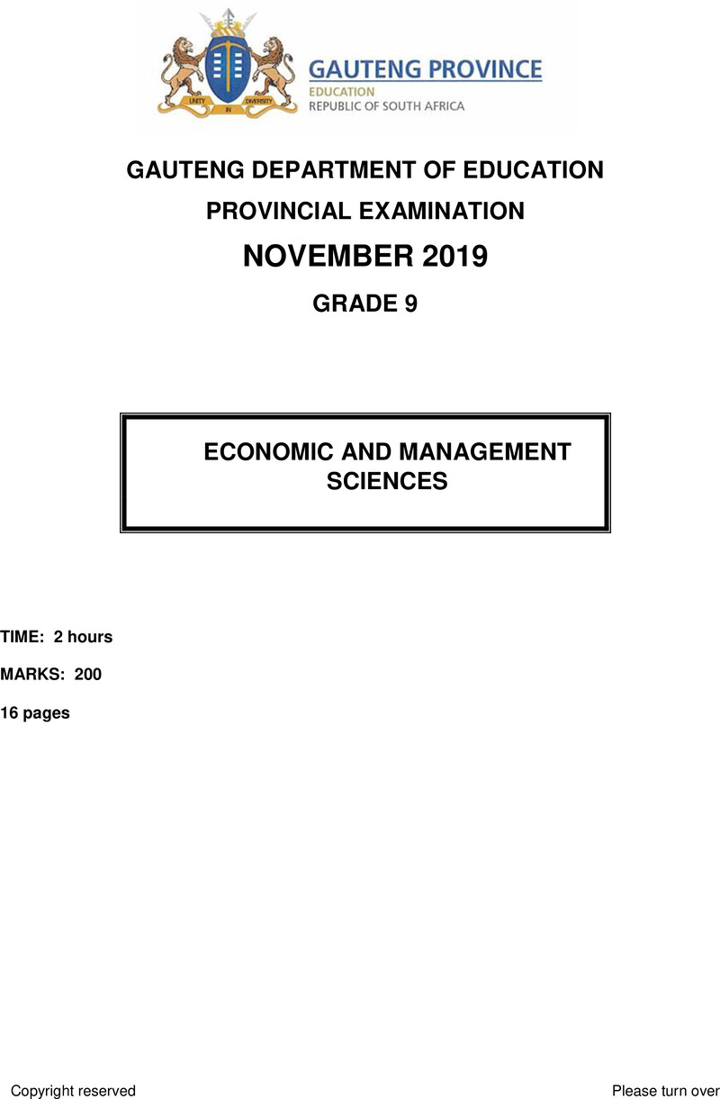Economic and Management Sciences Grade 9 DBE CAPS November 2019 Paper 1 - Question Paper