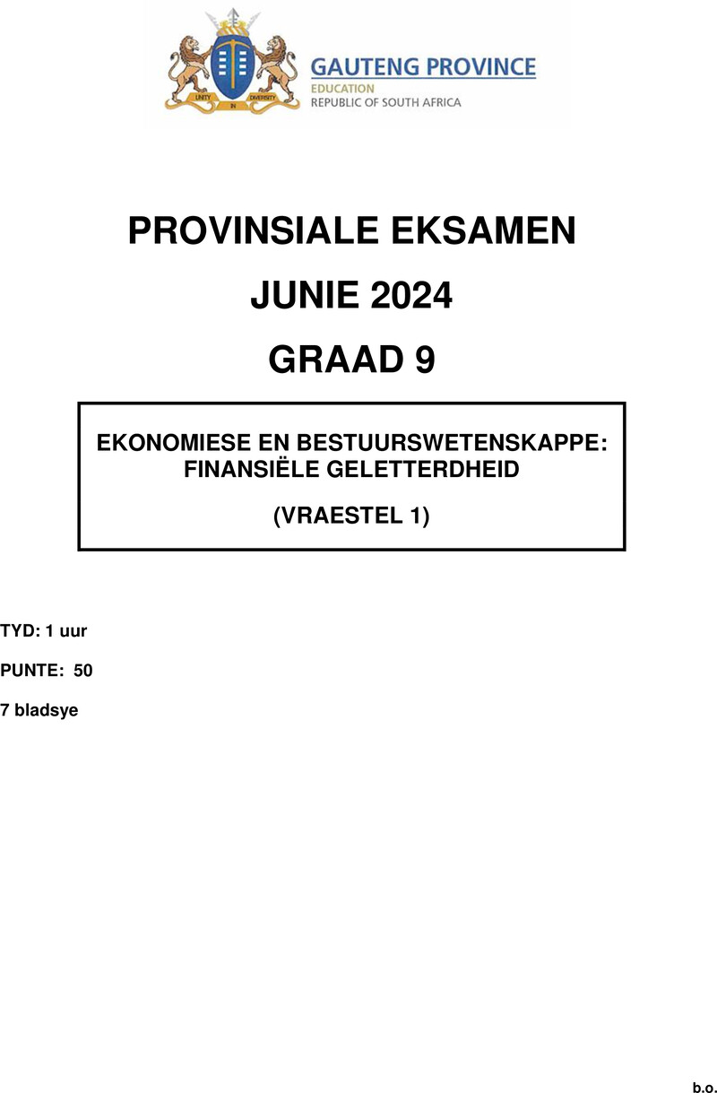 Ekonomiese en Bestuurswetenskappe Grade 9 DBE CAPS June 2024 Paper 1 - Question Paper