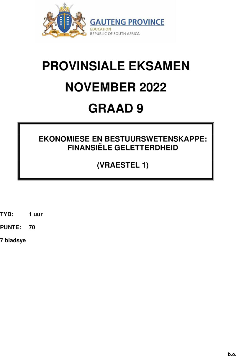 Ekonomie en Bestuurswetenskappe Grade 9 DBE CAPS November 2022 Paper 1 - Question Paper