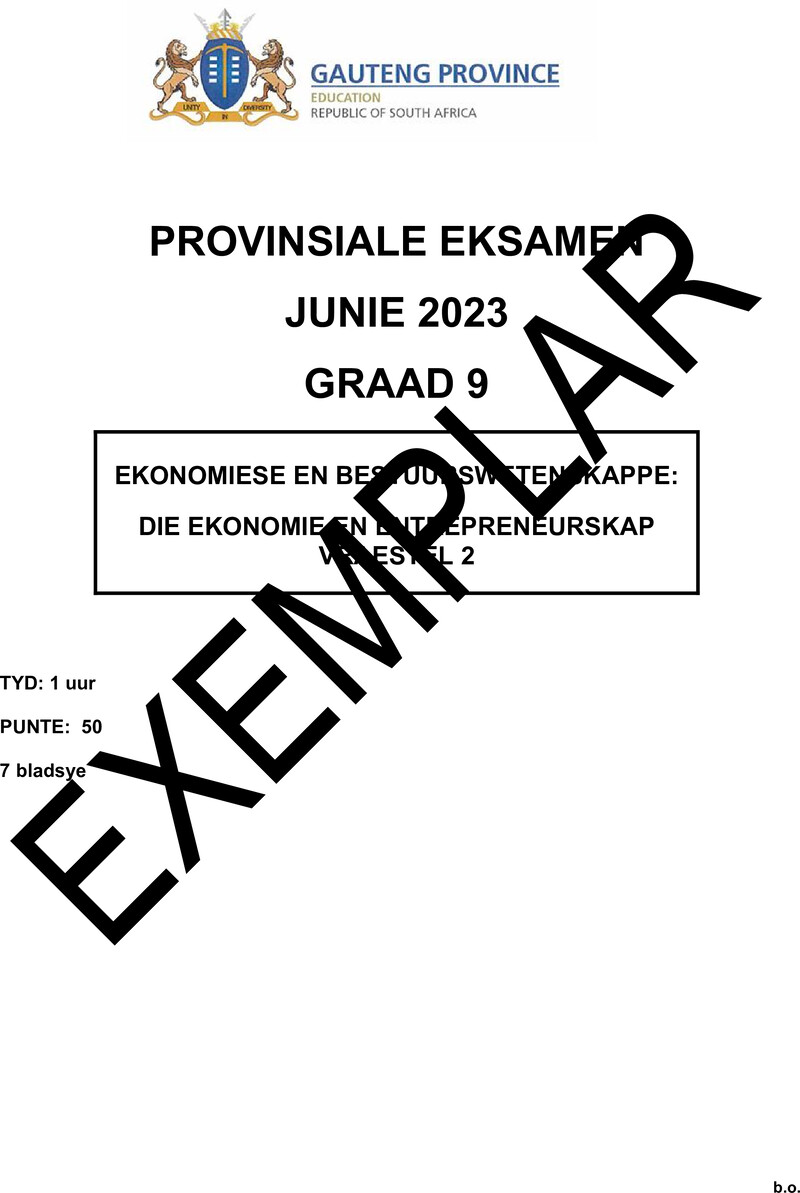 Ekonomie en Bestuurswetenskappe Grade 9 DBE CAPS June 2023 Paper 2 - Question Paper