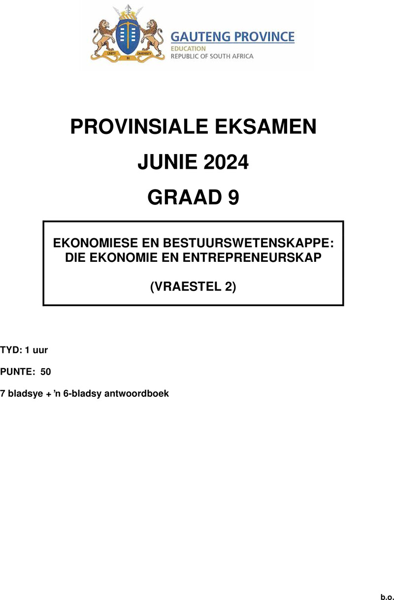 Ekonomie en Bestuurswetenskappe Grade 9 DBE CAPS June 2024 Paper 2 - Question Paper