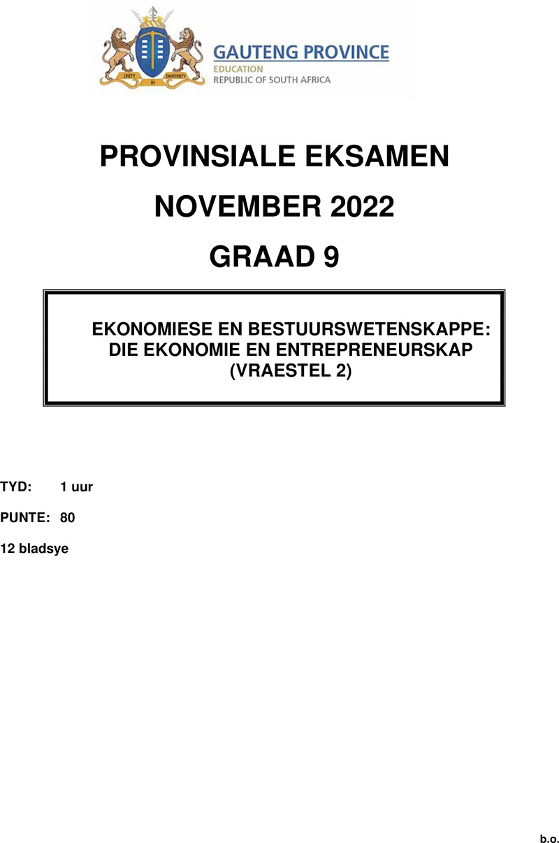 Ekonomie en Bestuurswetenskappe Grade 9 DBE CAPS November 2022 Paper 2 - Question Paper