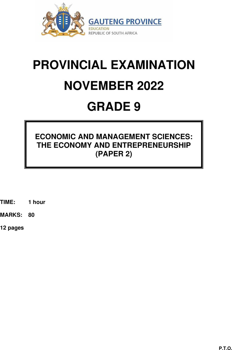 Economic and Management Sciences Grade 9 DBE CAPS November 2022 Paper 2 - Question Paper