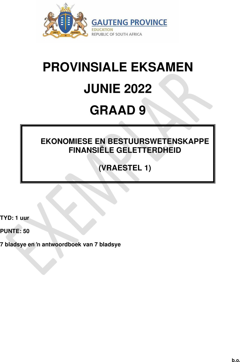 Ekonomie en Bestuurswetenskappe Grade 9 DBE CAPS June 2022 Paper 1 - Question Paper