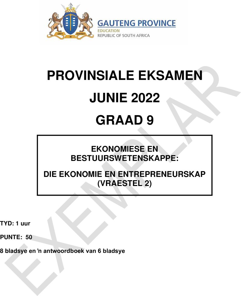 Ekonomie en Bestuurswetenskappe Grade 9 DBE CAPS June 2022 Paper 2 - Question Paper