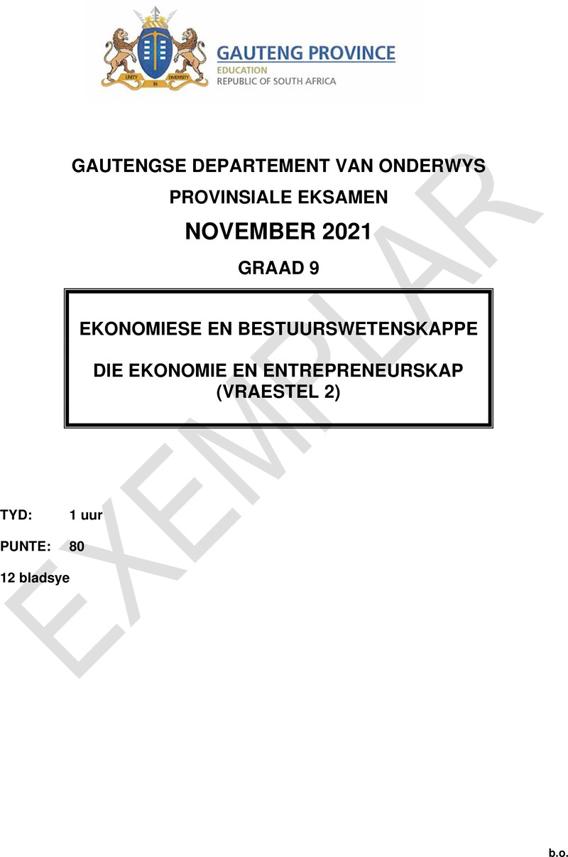 Ekonomie en Bestuurswetenskappe Grade 9 DBE CAPS November 2021 Paper 2 - Question Paper