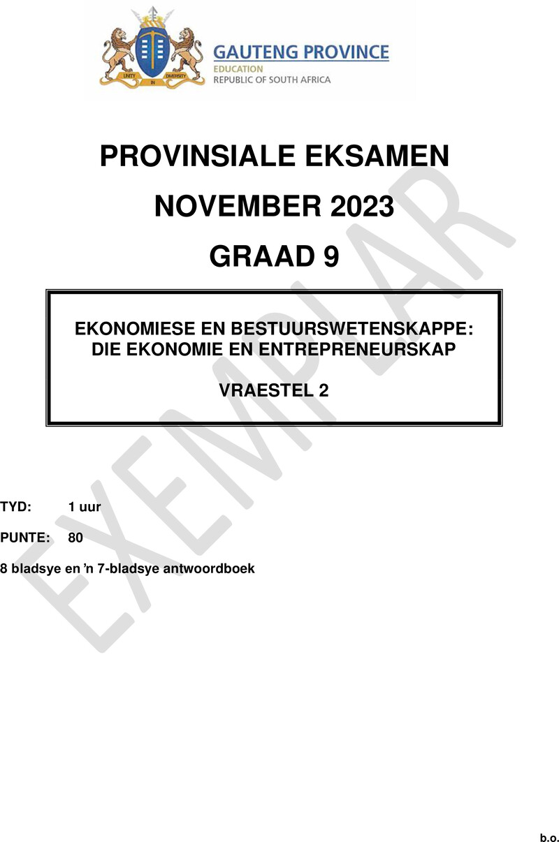 Ekonomie en Bestuurswetenskappe Grade 9 DBE CAPS November 2023 Paper 2 - Question Paper
