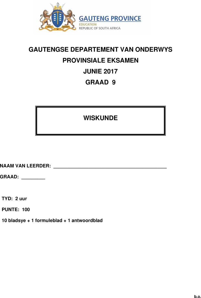 Mathematics Grade 9 DBE CAPS June 2017 Paper 1 - Question Paper
