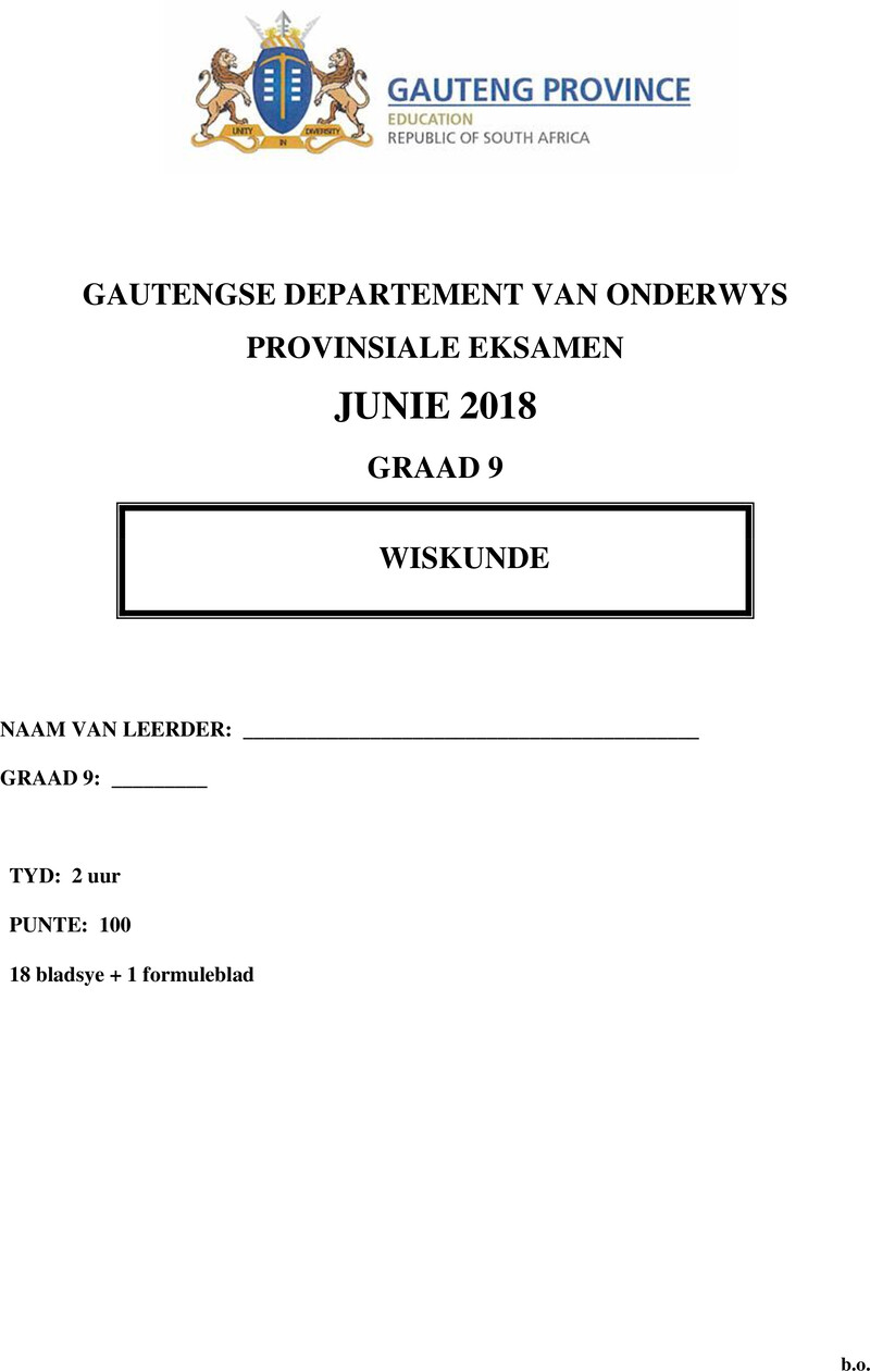 Wiskunde Grade 9 DBE CAPS June 2018 Paper 1 - Question Paper