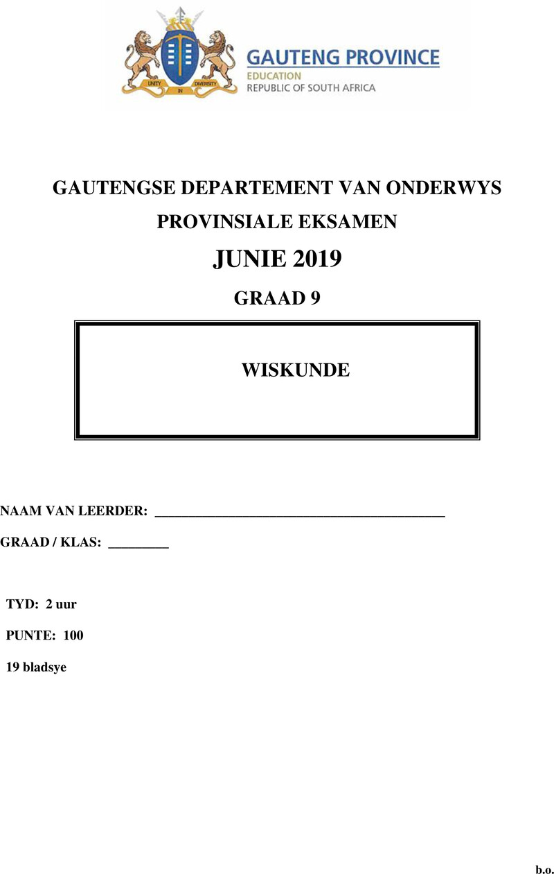 Mathematics Grade 9 DBE CAPS June 2019 Paper - Question Paper
