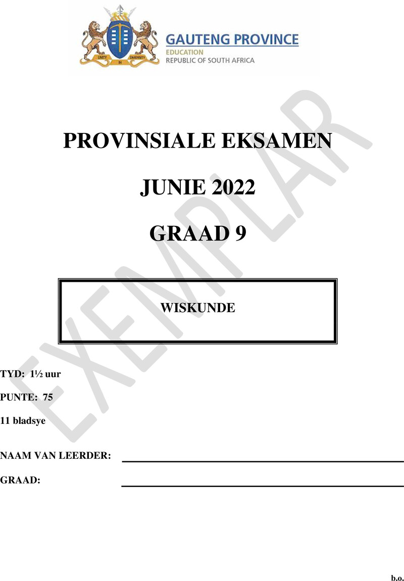 Wiskunde Grade 9 DBE CAPS June 2022 - Question Paper