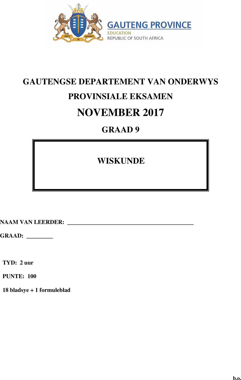Mathematics Grade 9 DBE CAPS November 2017 - Question Paper