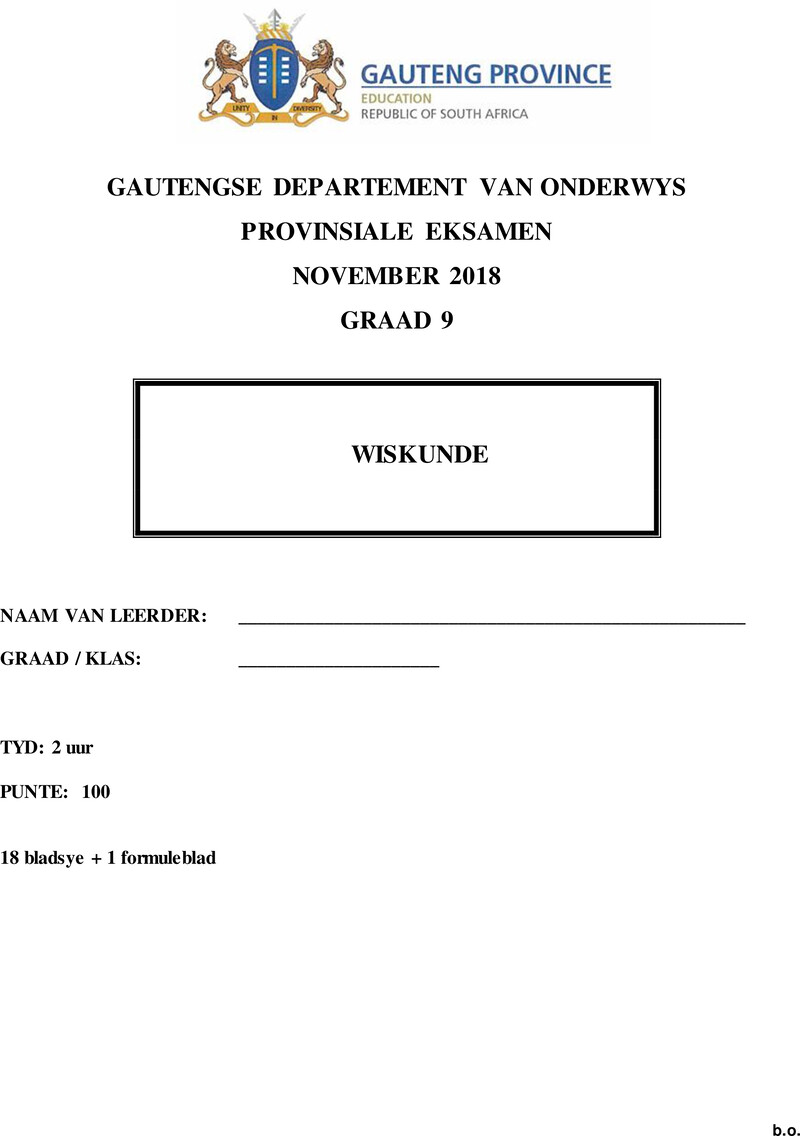 Mathematics Grade 9 DBE CAPS November 2018 - Question Paper