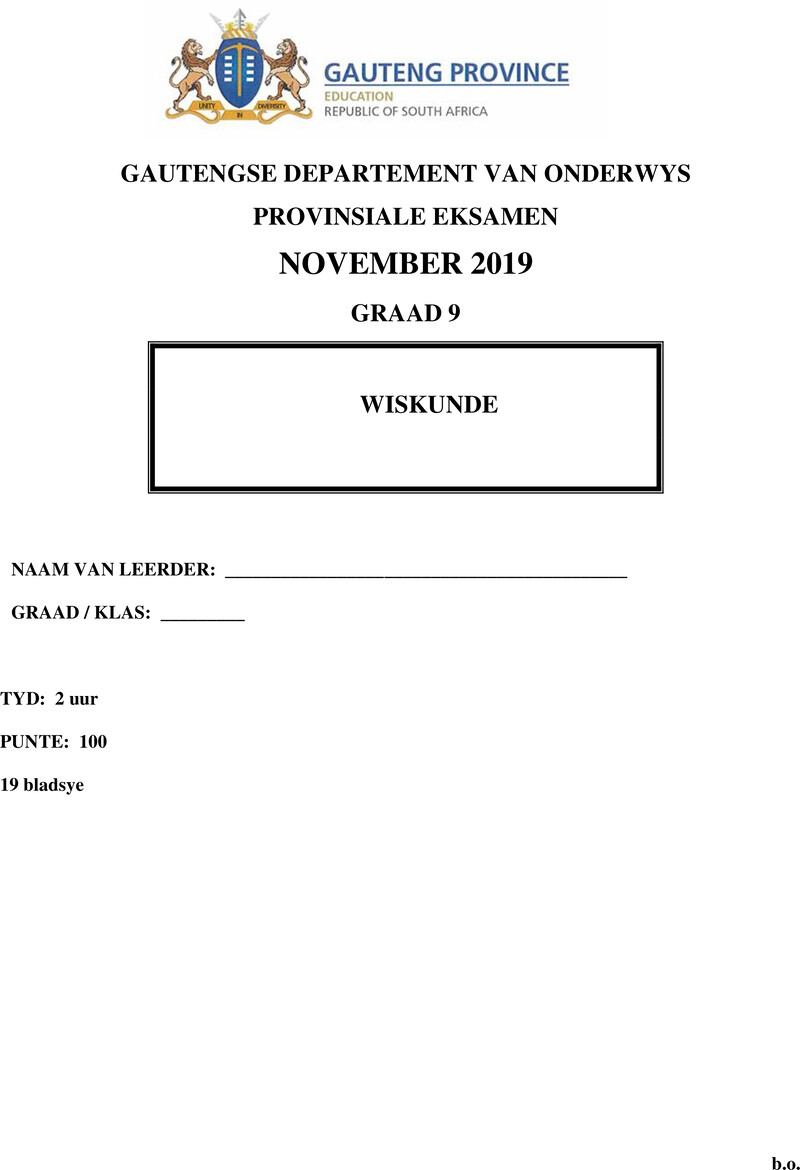 Wiskunde Grade 9 DBE CAPS November 2019 Paper 1 - Question Paper