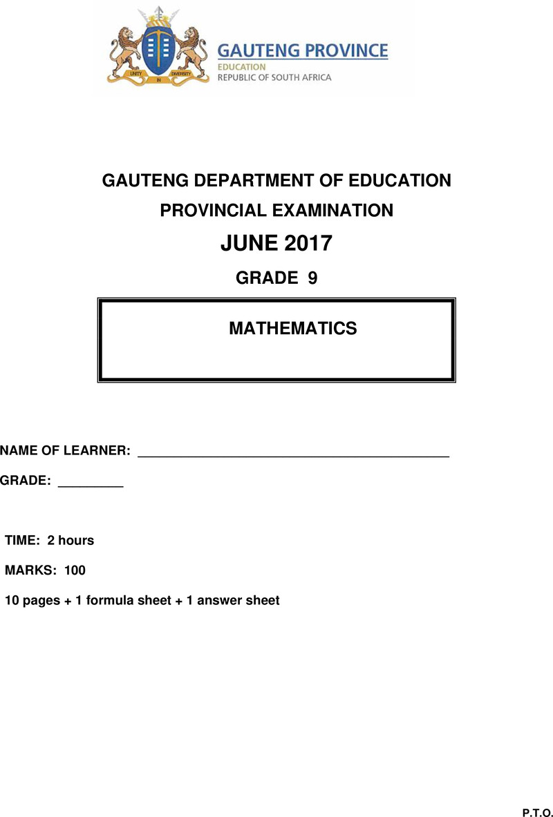 Mathematics Grade 9 DBE CAPS June 2017 - Question Paper