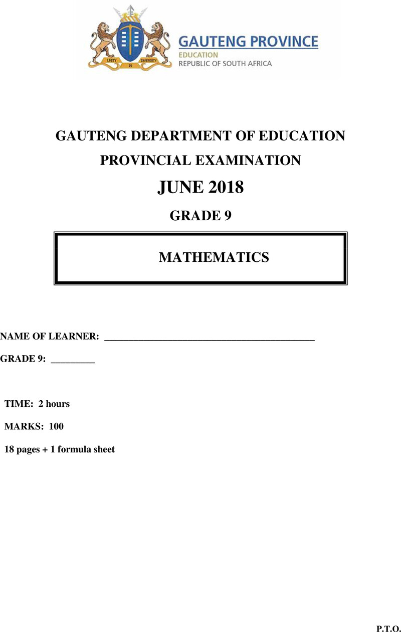Mathematics Grade 9 DBE CAPS June 2018 Paper - Question Paper