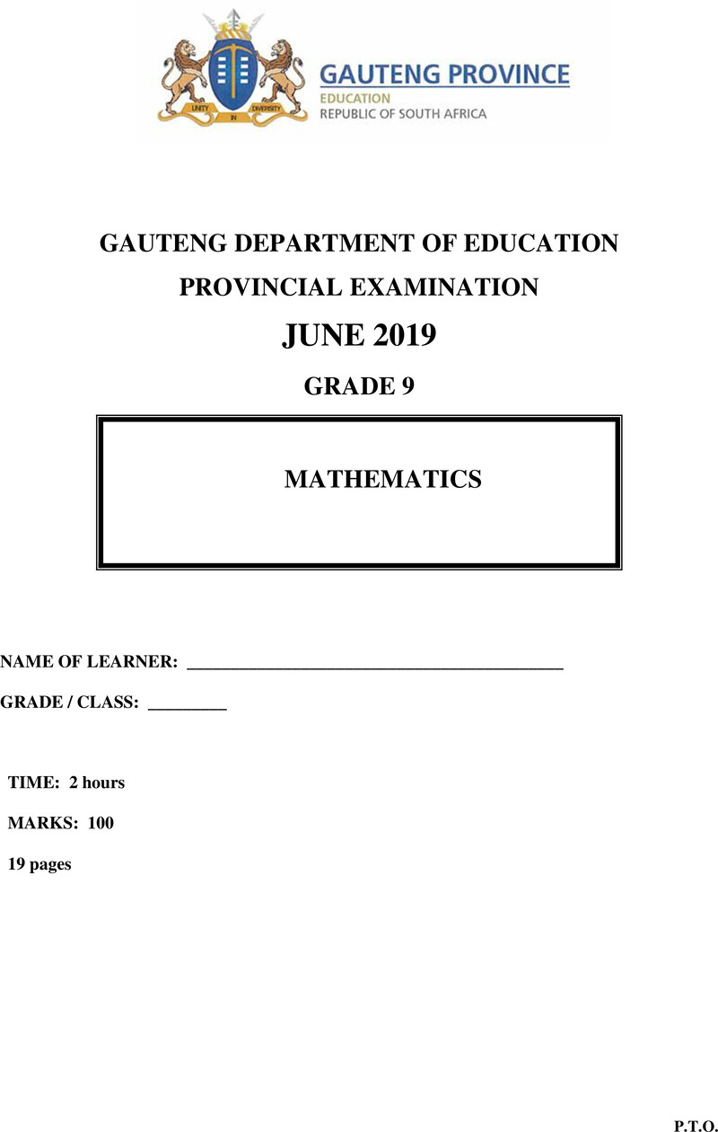 Mathematics Grade 9 DBE CAPS June 2019 Paper 1 - Question Paper