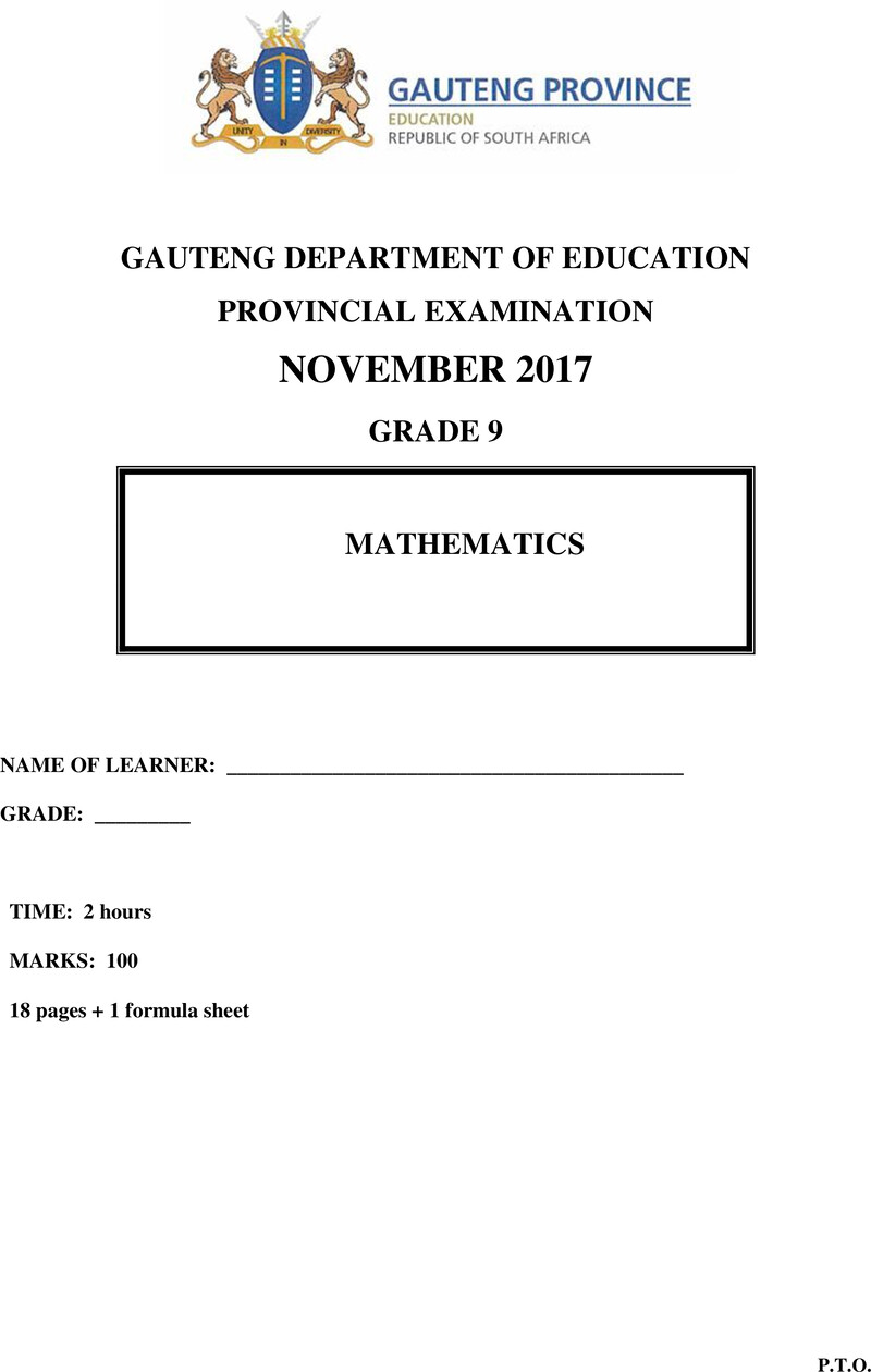 Mathematics Grade 9 DBE CAPS November 2017 Paper 1 - Question Paper