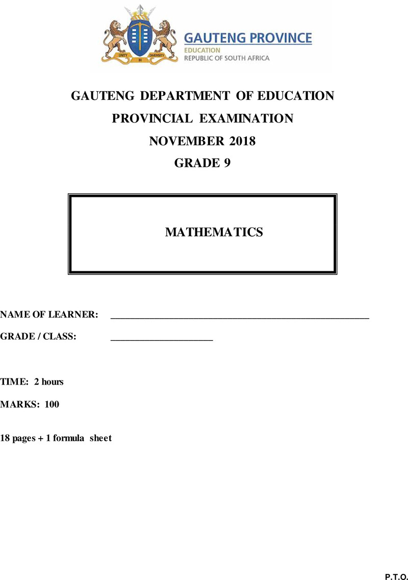 Mathematics Grade 9 DBE CAPS November 2018 Paper 1 - Question Paper