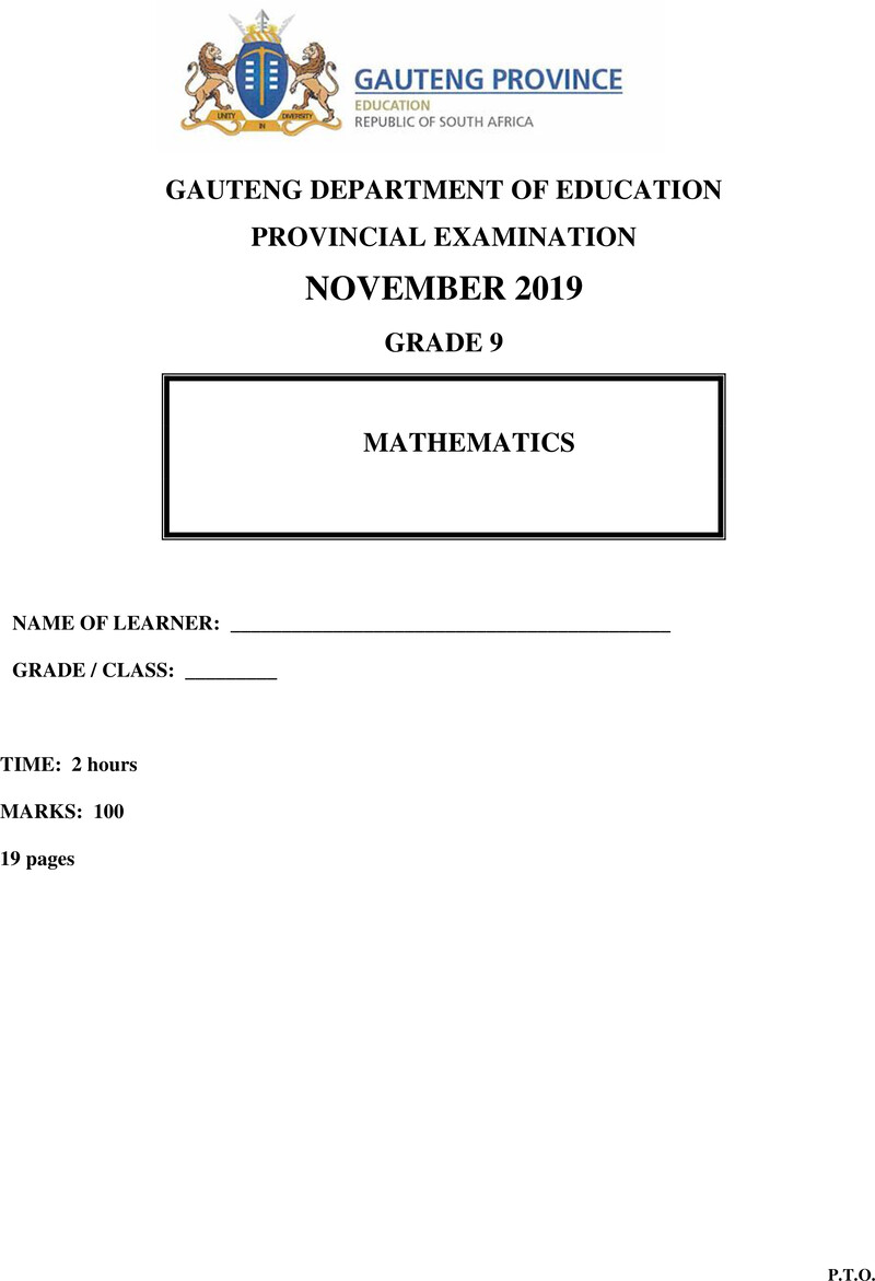 Mathematics Grade 9 DBE CAPS November 2019 - Question Paper