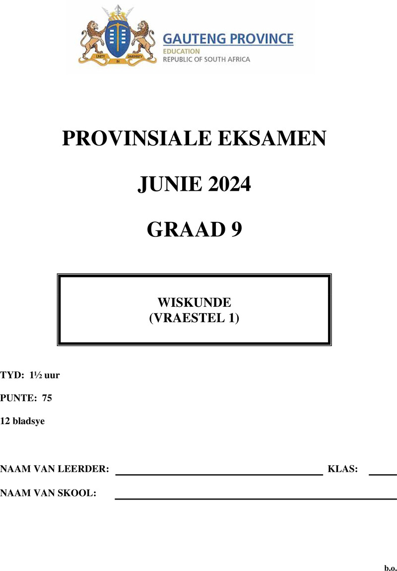 Wiskunde Grade 9 DBE CAPS June 2024 Paper 1 - Question Paper