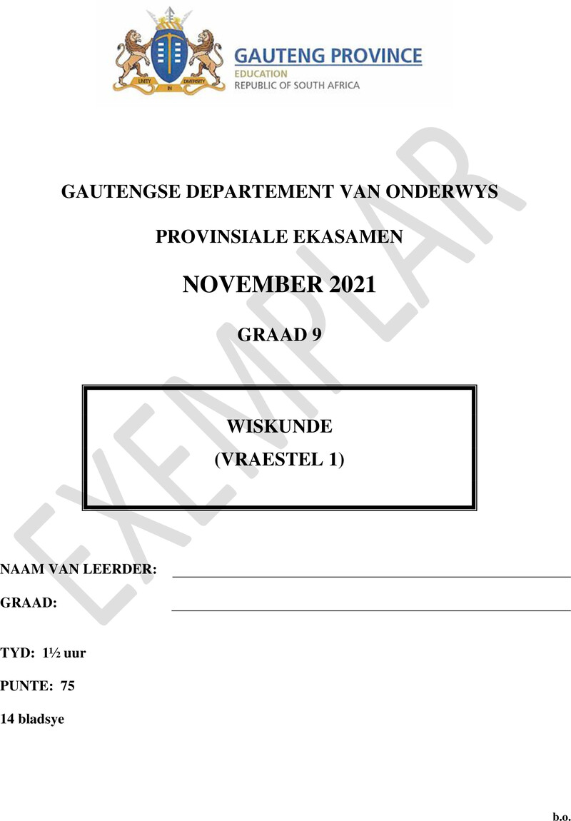 Wiskunde Grade 9 DBE CAPS November 2021 Paper 1 - Question Paper