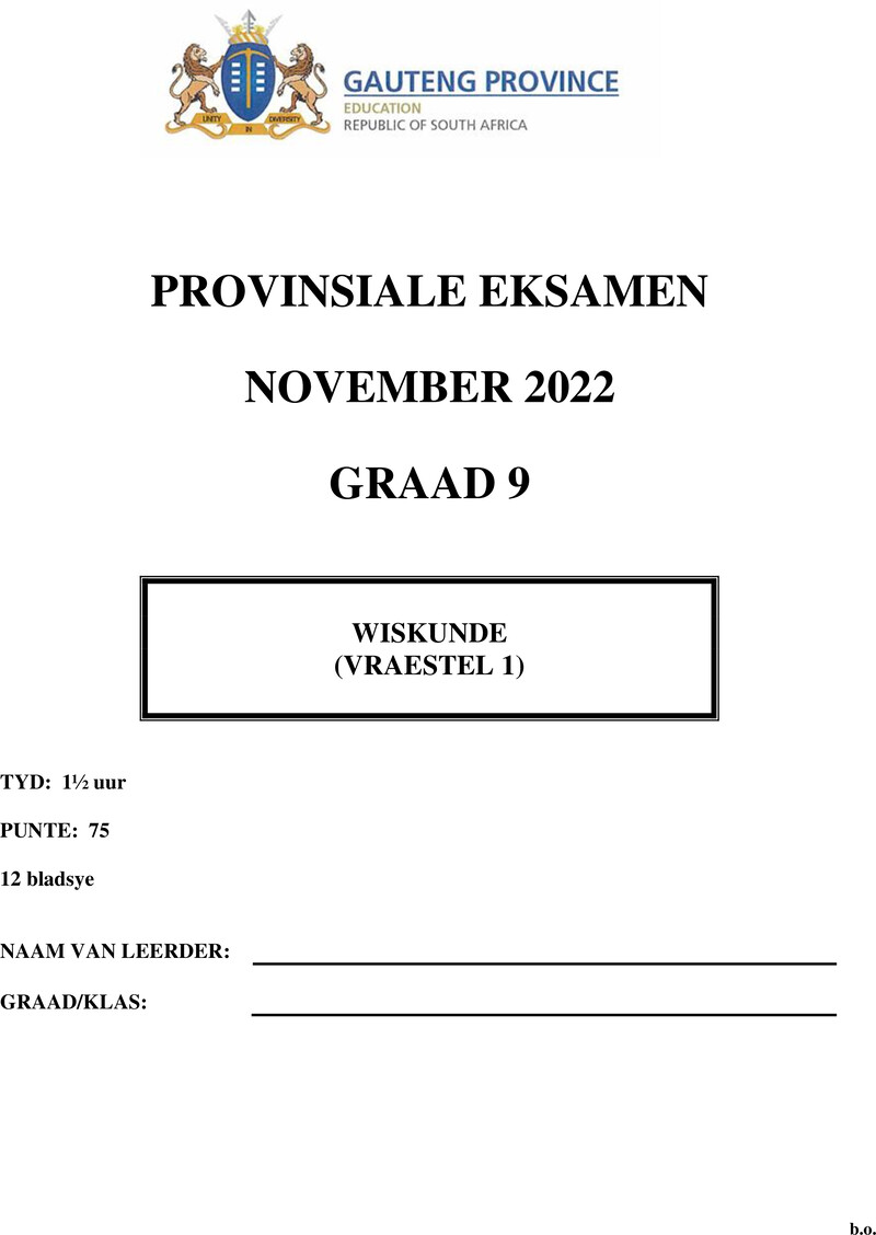 Wiskunde Grade 9 DBE CAPS November 2022 Paper 1 - Question Paper