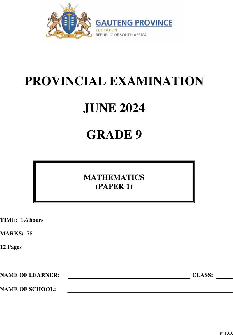 Mathematics Grade 9 DBE CAPS June 2024 Paper 1 - Question Paper