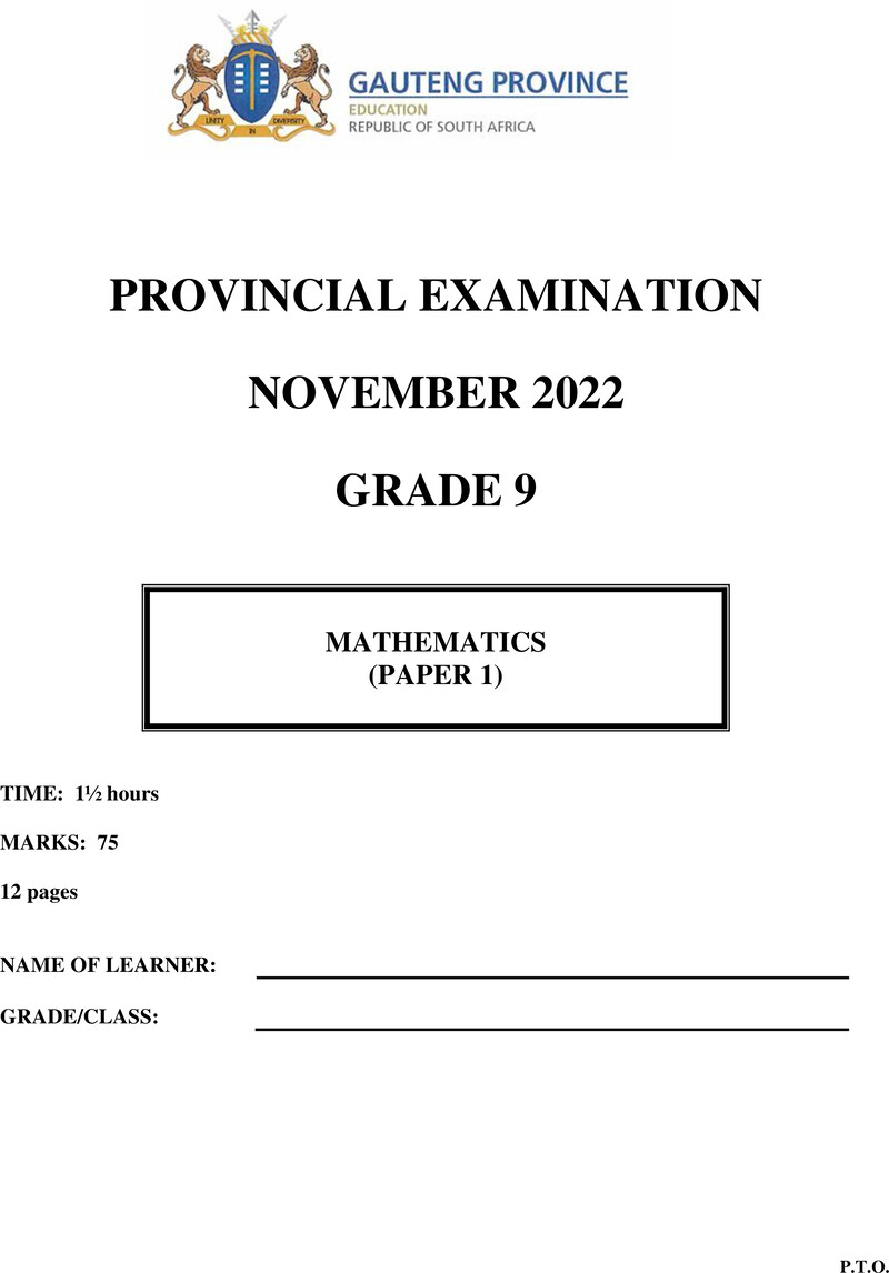 Mathematics Grade 9 DBE CAPS November 2022 Paper 1 - Question Paper