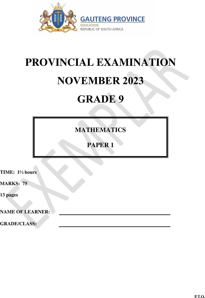 Mathematics Grade 9 DBE CAPS November 2023 Paper 1 - Question Paper
