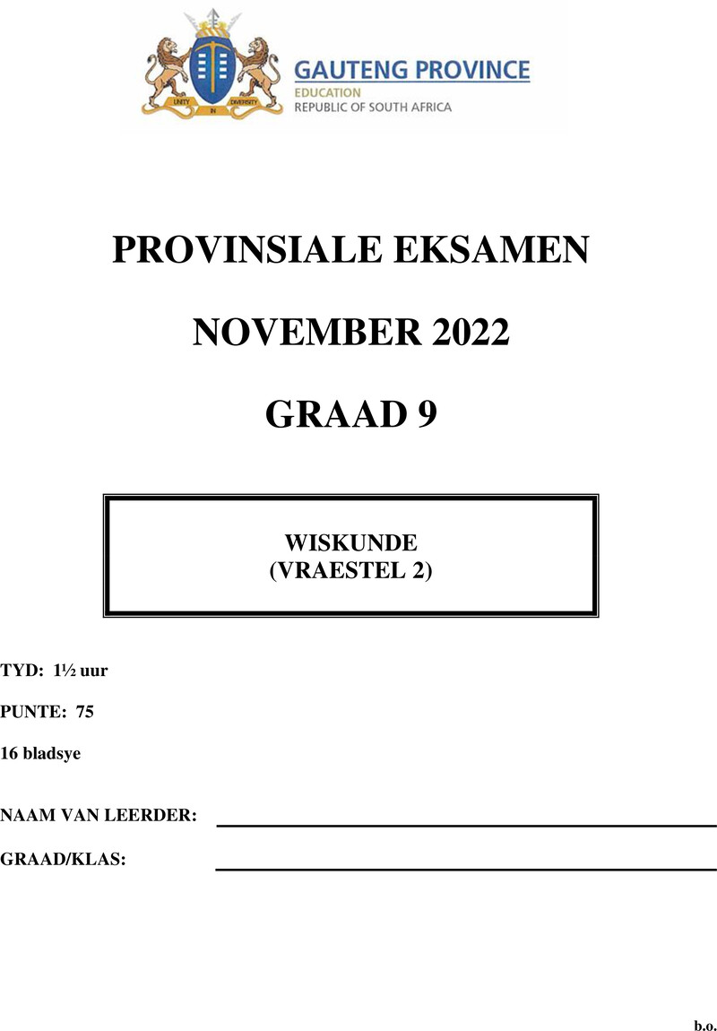 Mathematics Grade 9 DBE CAPS November 2022 Paper 2 - Question Paper