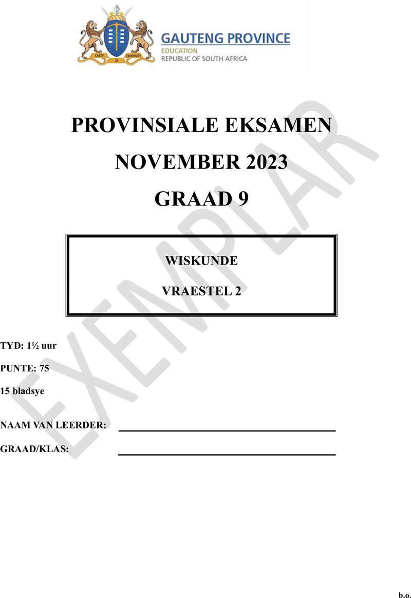 Wiskunde Grade 9 DBE CAPS November 2023 Paper 2 - Question Paper