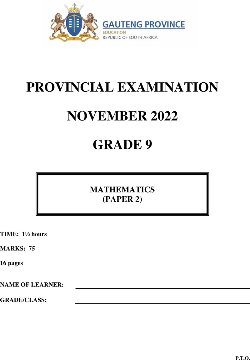 Mathematics Grade 9 DBE CAPS November 2022 Paper 2 - Question Paper
