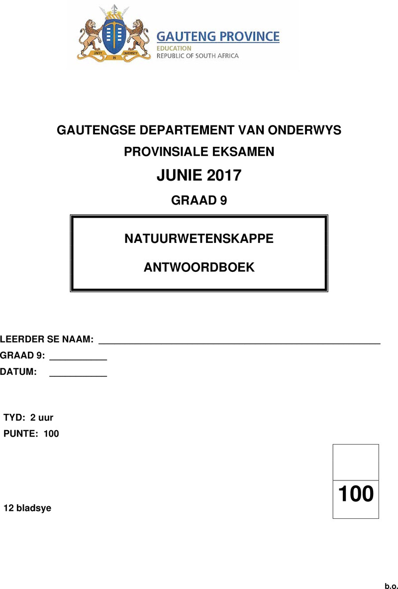 Natuurwetenskappe Grade 9 DBE CAPS June 2017 - Memo