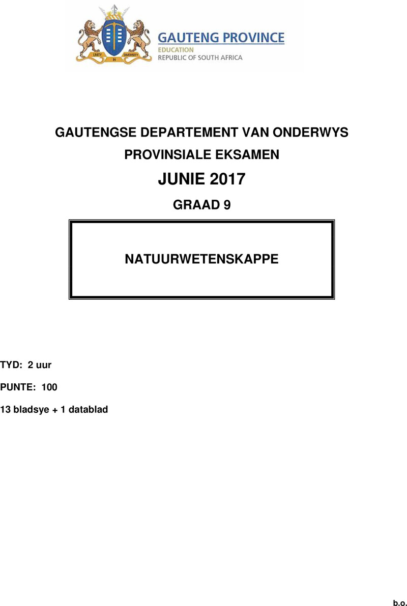 Natuurwetenskappe Grade 9 DBE CAPS June 2017 - Question Paper
