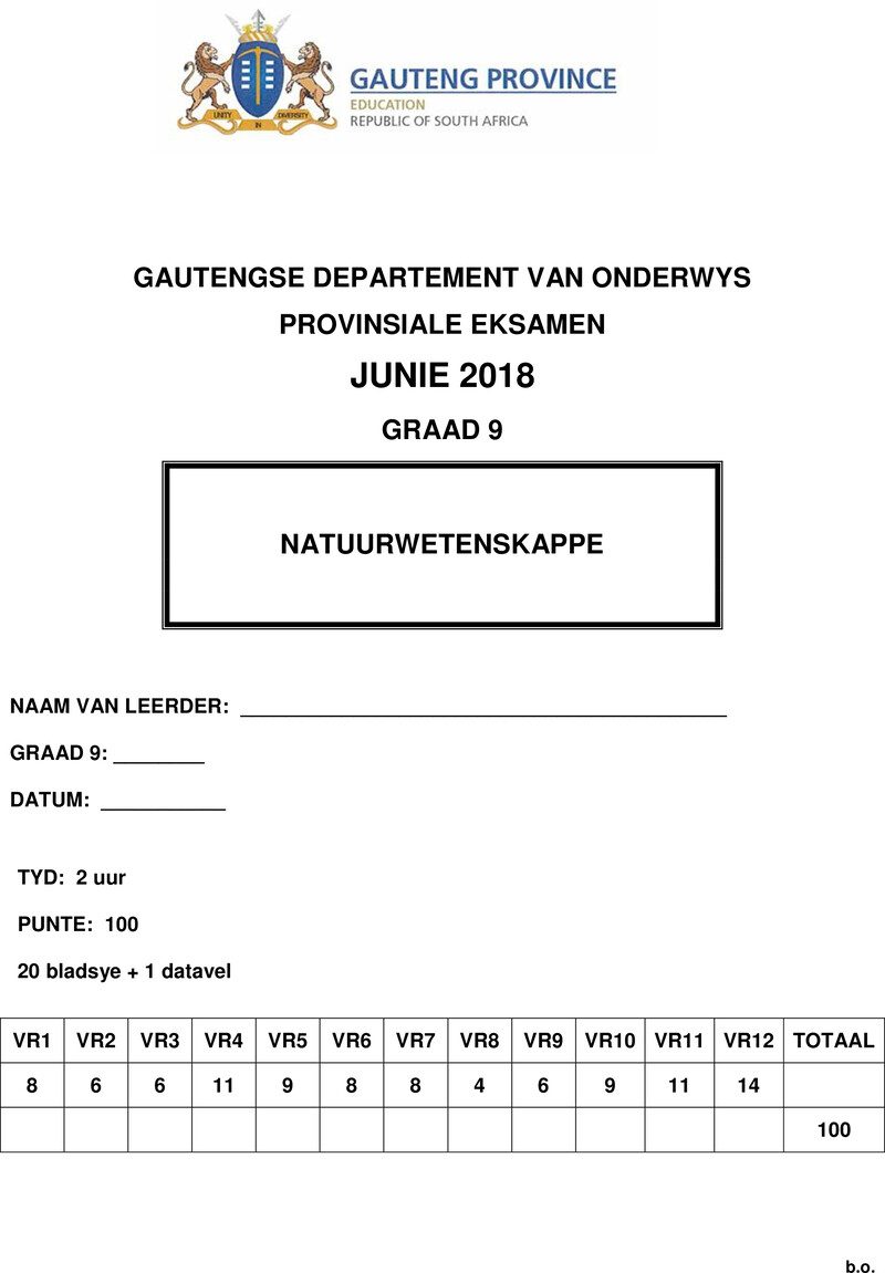 Natuurwetenskappe Grade 9 DBE CAPS June 2018 - Question Paper