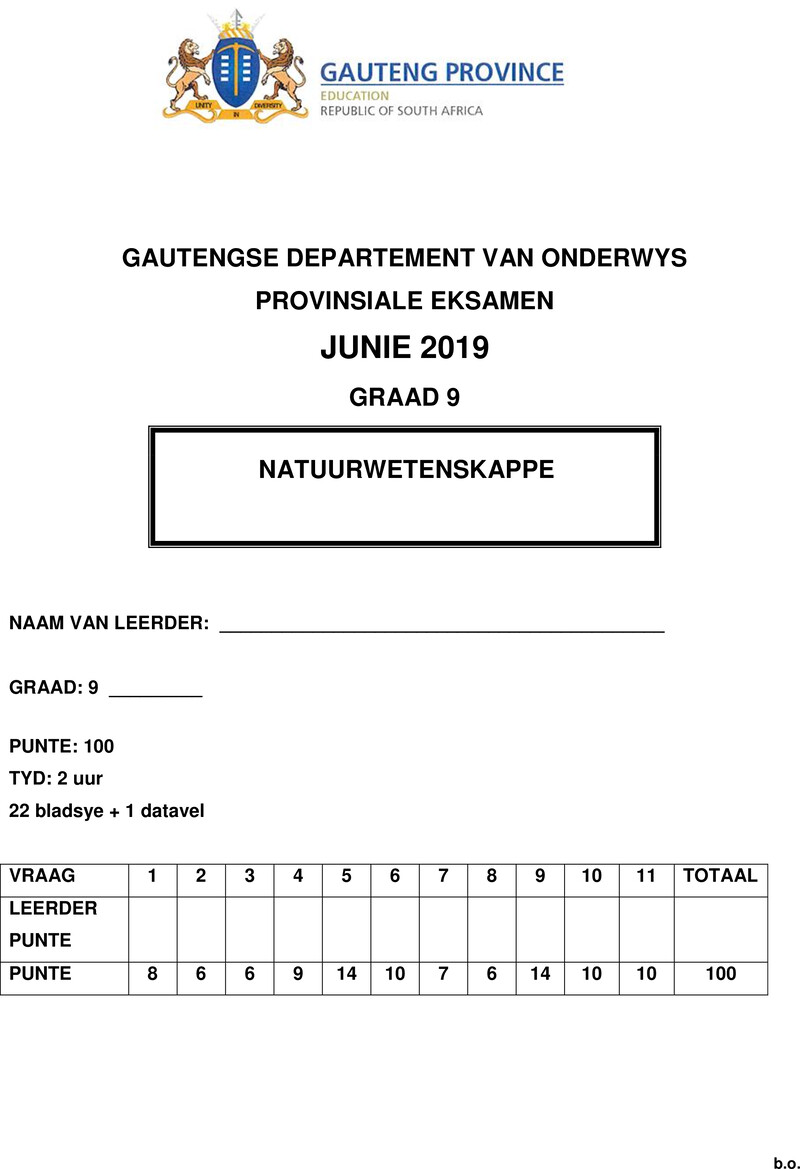 Natuurwetenskappe Grade 9 DBE CAPS June 2019 - Question Paper